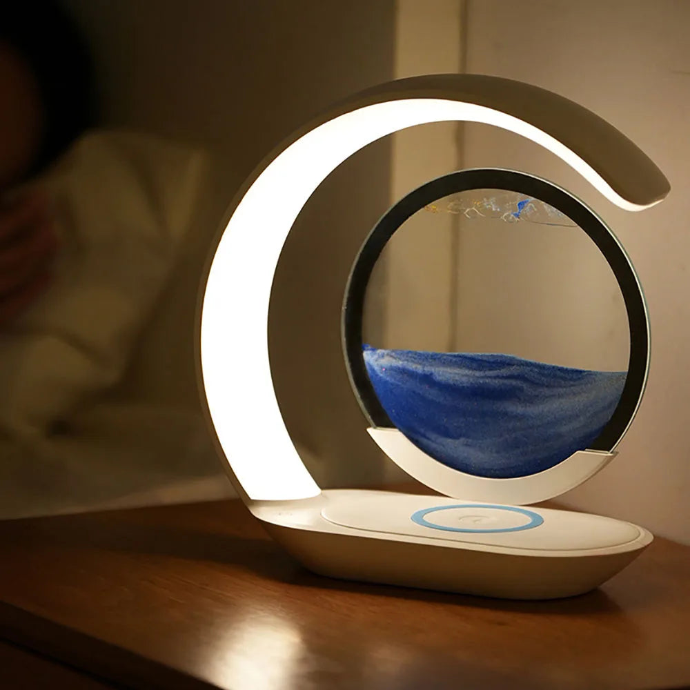 Wireless Charging Quicksand Table Lamp with 3D Hourglass Design - Sand Painting Night Light for Office Decor