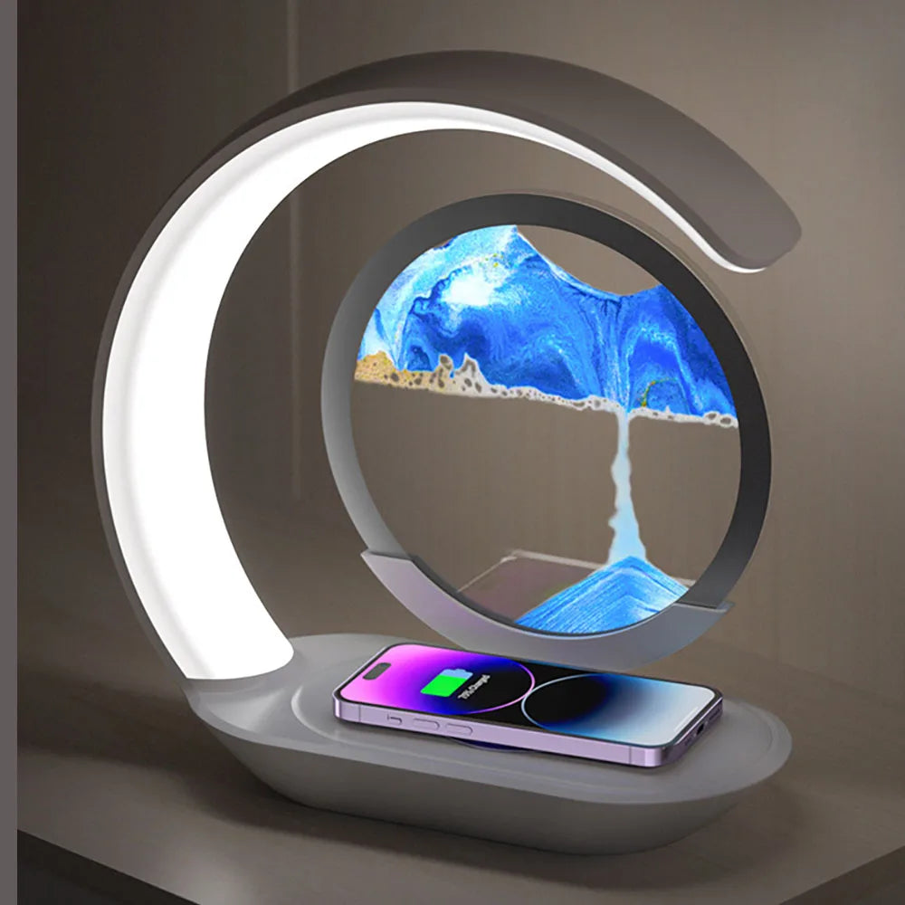 Wireless Charging Quicksand Table Lamp with 3D Hourglass Design - Sand Painting Night Light for Office Decor
